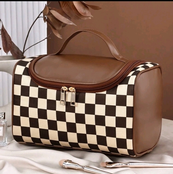 Brown Damier Luxury Designer Style Cosmetic/Makeup/Travel Bag/Case Vegan Leather - Picture 7 of 12